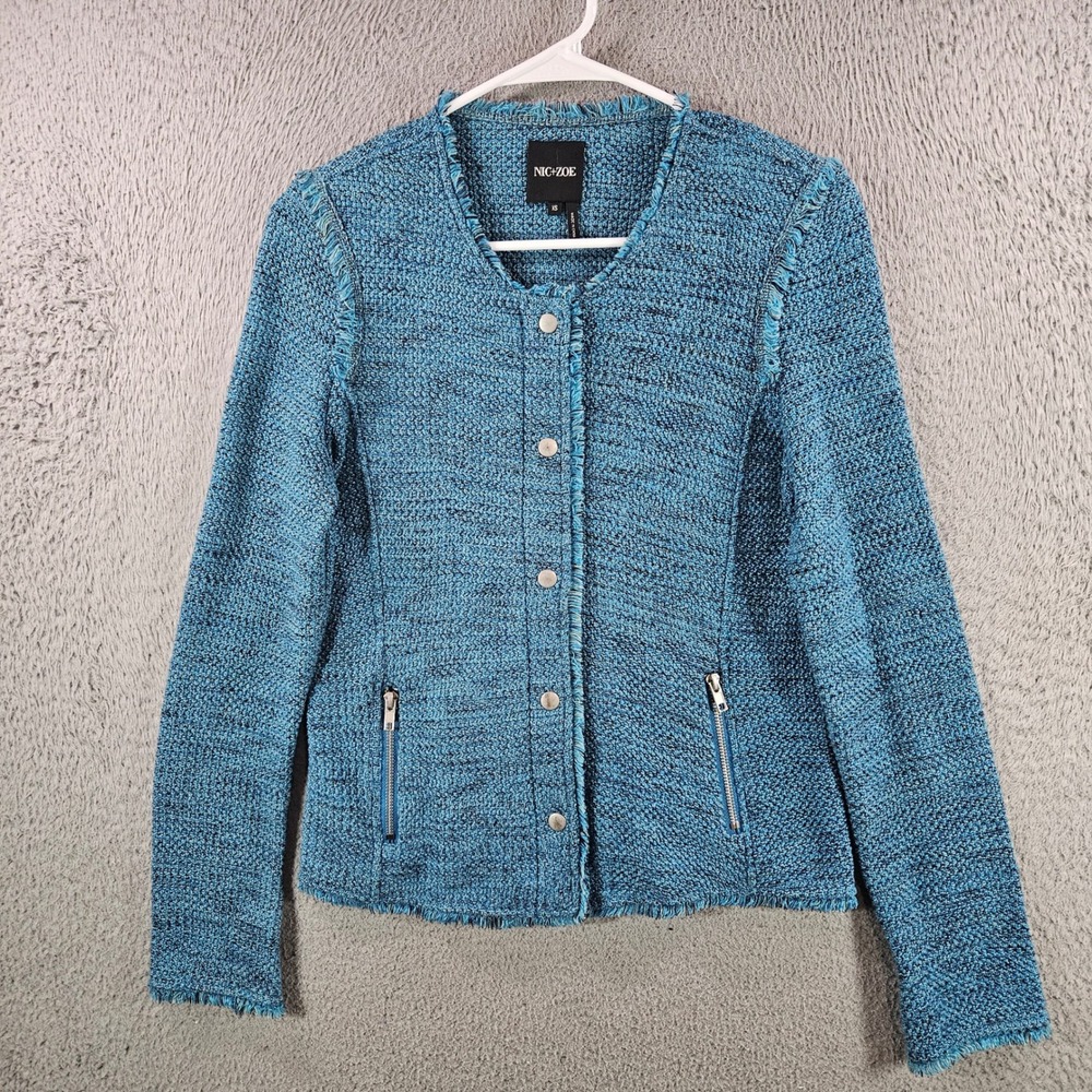 NIC+ZOE Blue Tweed Fringe Knit Jacket Snap Zip Front Womens XS Textured Blazer